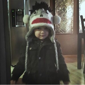 Sock Monkey Hat 100%wool, fleece/polyester inner